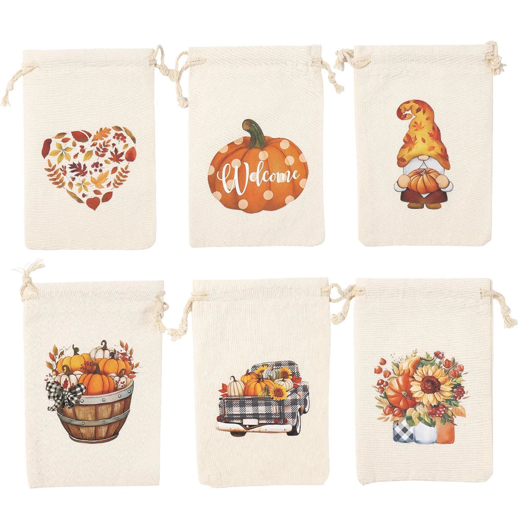 6pcs Thanksgiving Burlap Candy Bags Autumn Maple Leaf Jute Linen Treat Gift Bags for Thanksgiving Party Kids Cookies Pack Bags