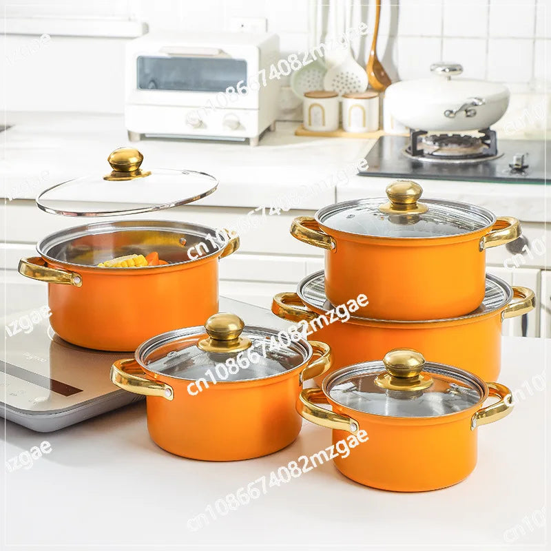 10-Piece set of pots and pans Binaural stainless steel soup pot Orange kitchen universal