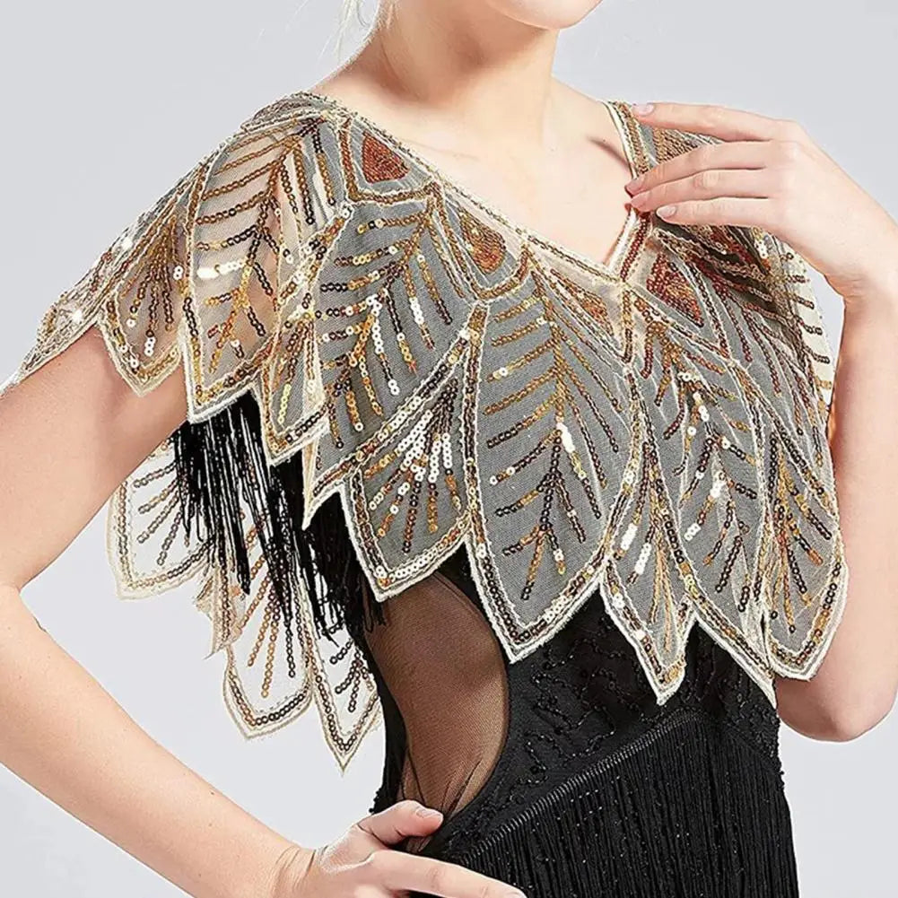 Women 1920s Evening Shawl Elegant Embroidered Beaded Capelet for Women Sparkling Sequin Party Shawl with Leaf Shape Gauze V Neck