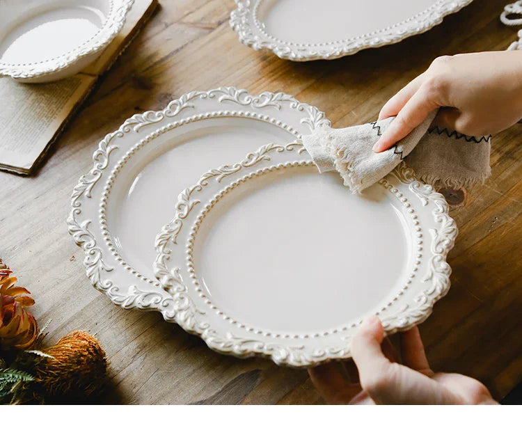 French Baroque Vintage Relief Dinner Plate Nordic Vintage Solid Color Carving Craft Dishes and Plates Sets Household Kitchenware