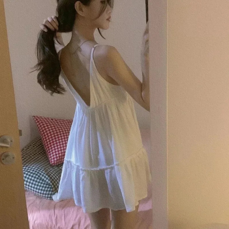 Sleeveless Pajamas Sweet Solid Colours Desirewomen Nightgowns Dresses Strapless Halter Solid Colours Sleeveless Dresses College