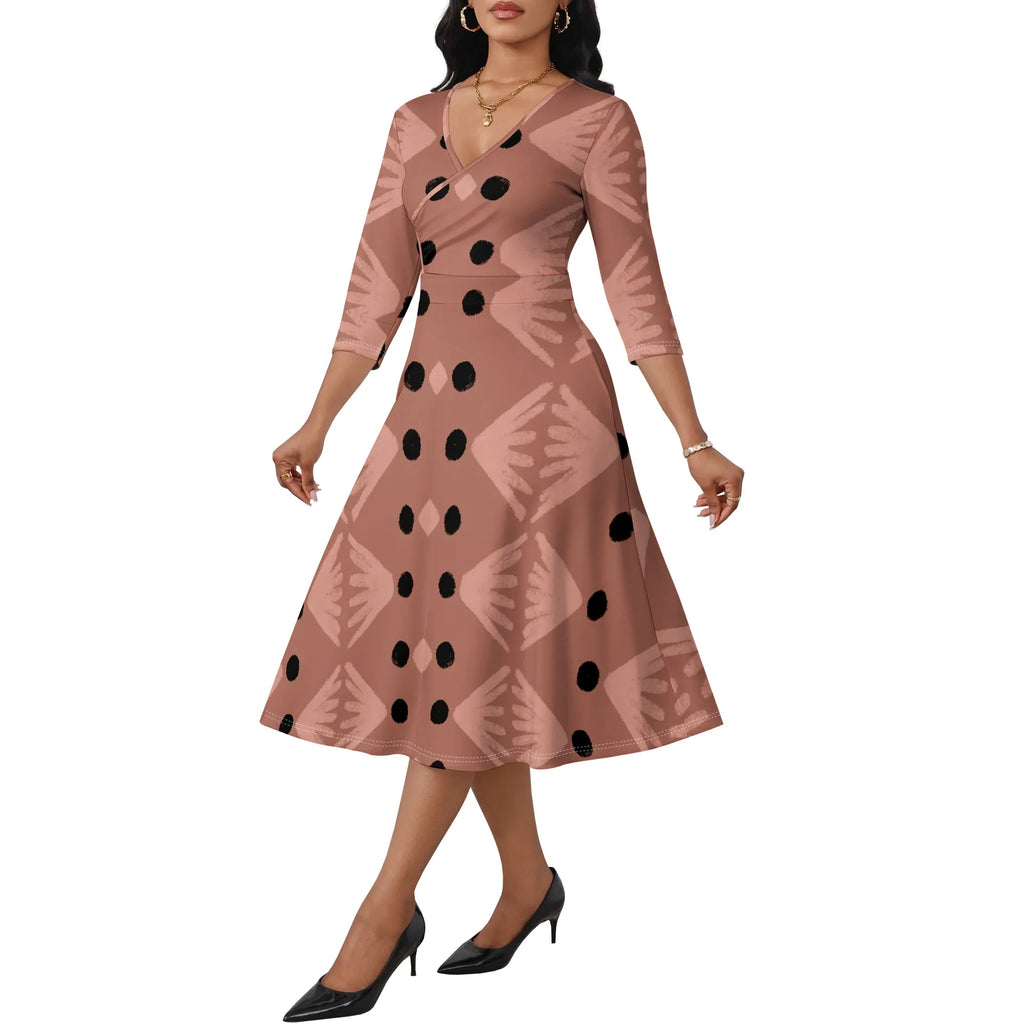 Mudcloth Inspired Print Wrap Dress XS-3XL Modern Afro A-Line Style with V-Neck for Juneteenth, Gallery Visit or Boho Fall Look