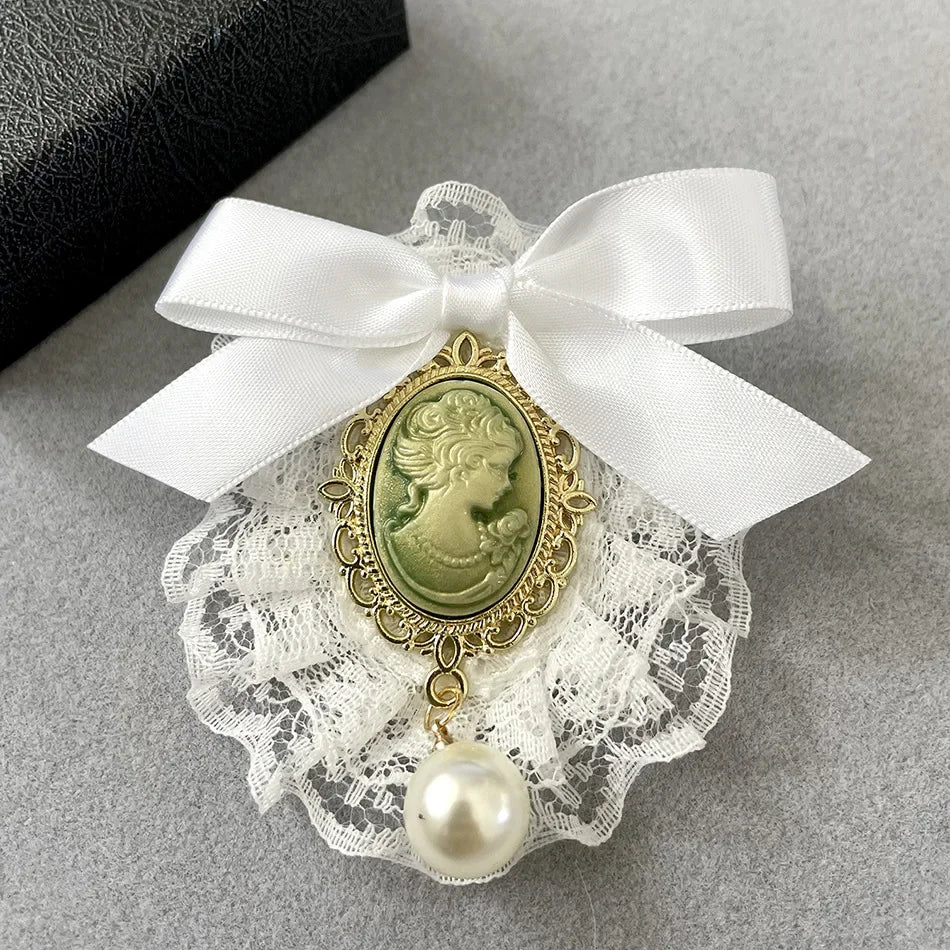 Vintage Handmade Fabric Art Lace Bow Brooches for Women Beauty Head Pearl Corsage College Style Collar Pins Jewelry Accessories