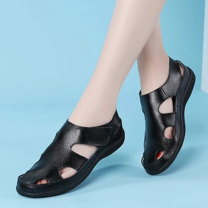 Women Sandals Genuine Leather Summer Ladies Comfortable Round Toe Ankle Hollow Sandals Female Soft Sole Sandals Woman