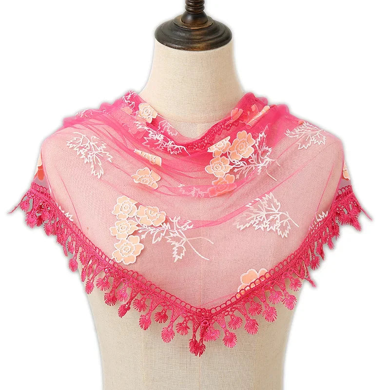 Fashion Women Triangle Wrap Fringed Shawls Head Scarf Tassel Embroidery Lace Scarves Flower Hijab Bandana Prayer Kerchief Church