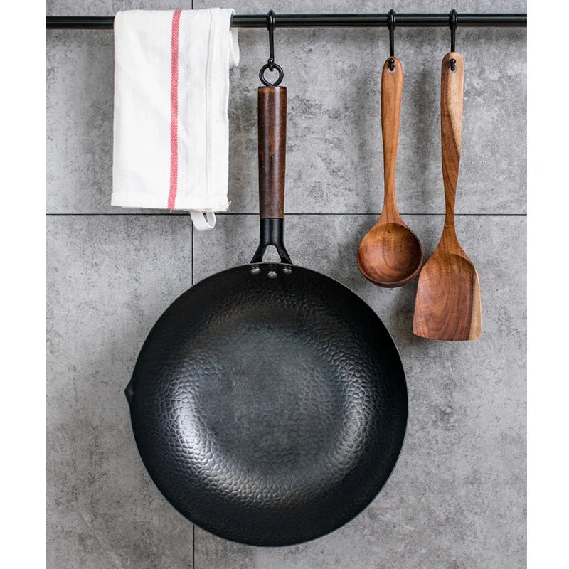 Pure Iron wok cast iron pan Non-coated Pot General use for Gas and Induction Cooker 32cm Chinese Wok Cookware Pan