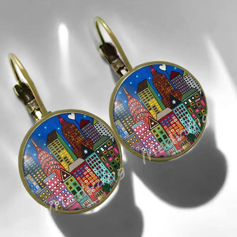 2024 Natural Scenery Earrings beautiful village Women Stud Earring  Abstract Oil Painting House Glass Cabochon Earrings  jewelry