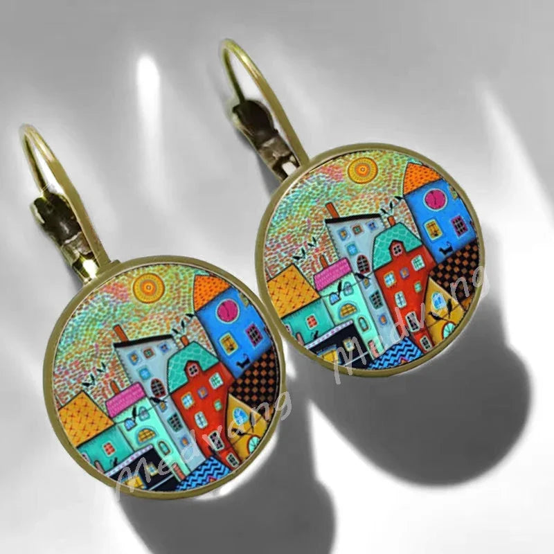 2024 Natural Scenery Earrings beautiful village Women Stud Earring  Abstract Oil Painting House Glass Cabochon Earrings  jewelry