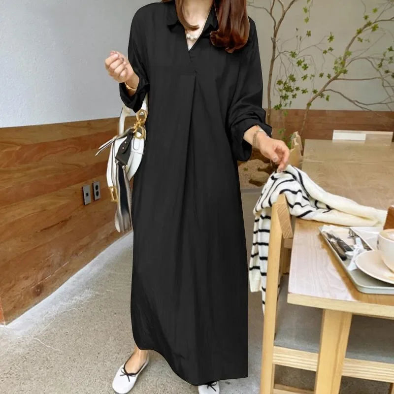 Cotton Linen Solid Muslim Dress Women Marocain Turkish Robe Femme Long Sleeve Maxi Dress Temperament Commuting Abaya Vestidos