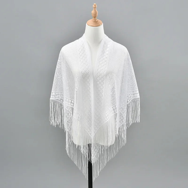Women Triangle Scarf for Church Prayer Shawl Embroidered Lace Veil Floral Tassel Veils Mantillas for The Church's Pendant Scarve