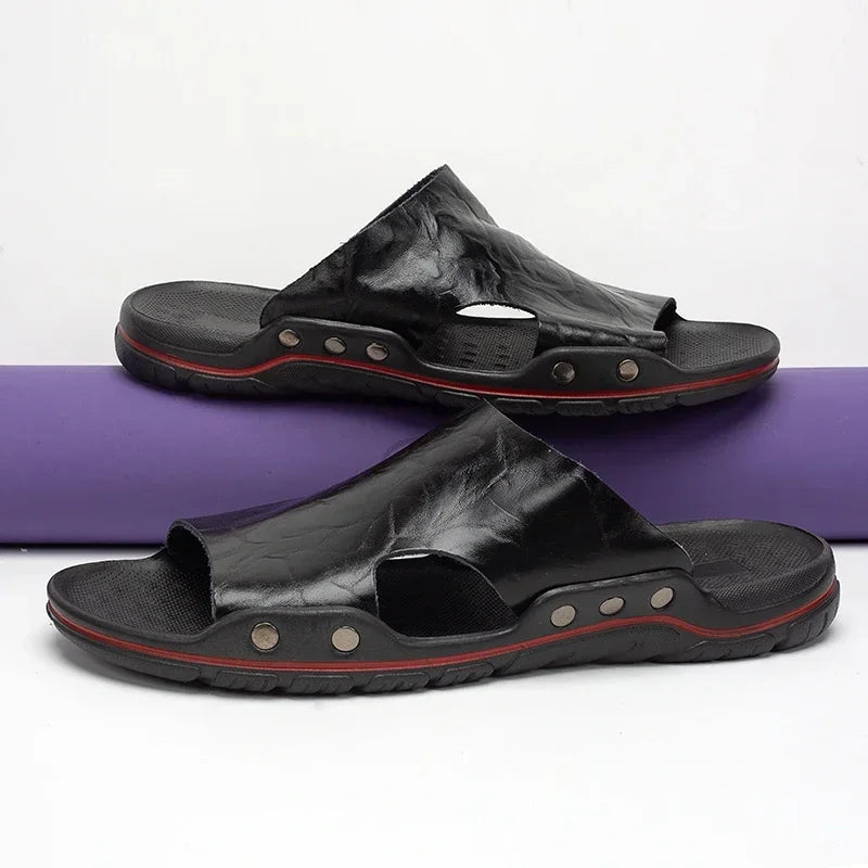 Sandals Men's Leather Classic Fashion Summer Men's Slippers Comfortable Soft PU Leather Lightweight Men's Beach Slippers Slides