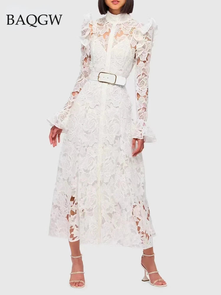 Minimalist Solid Dresses for Women Stand Collar Long Sleeve High Waist Spliced Hollow Out Slim Chic Dress Female Summer 2023