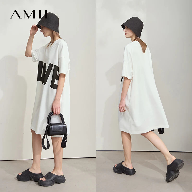 Amii Minimalist Knitted Dress For Women 2025 Summer New Round Neck Short Sleeve Loose Elastic Mid-long Printed Dress 12512014