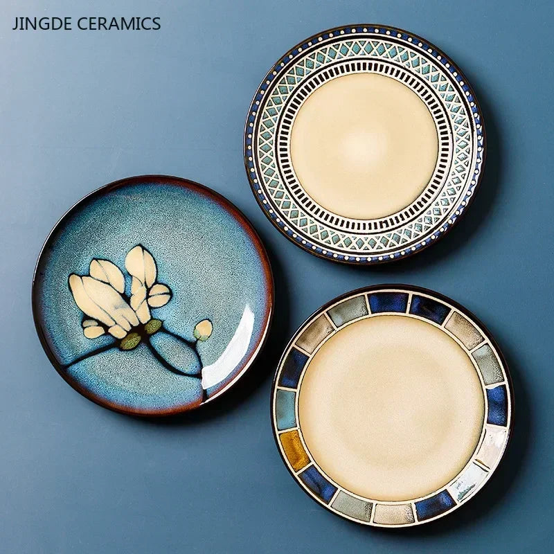 European Ceramic Cutlery Household Dishes Retro Kiln Glaze Porcelain Plate Handmade Ceramic Dinner Plates Kitchen Accessories