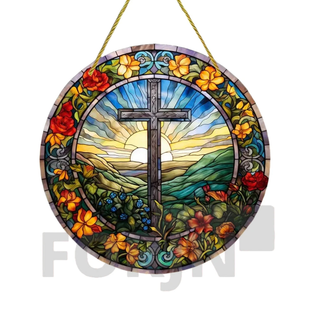 Cross Sun Catcher Acrylic Round Sign,Faux 3D Christianity Religious Pendant Plate,Home,Garden,Room,church,Holy Week&Easter Decor
