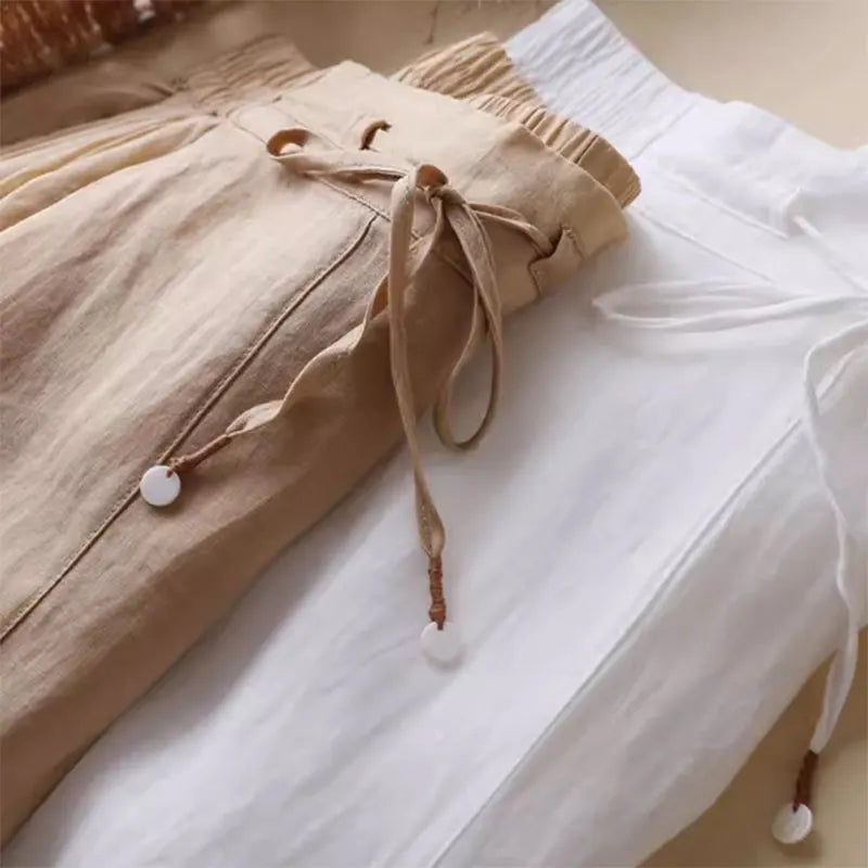 Khaki Linen Solid Casual Lace Up Elastic High Waist Loose Wide Leg Women's Pants Ankle-Length Pants For Women Clothing 2024