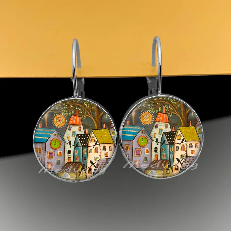 2024 Natural Scenery Earrings beautiful village Women Stud Earring  Abstract Oil Painting House Glass Cabochon Earrings  jewelry
