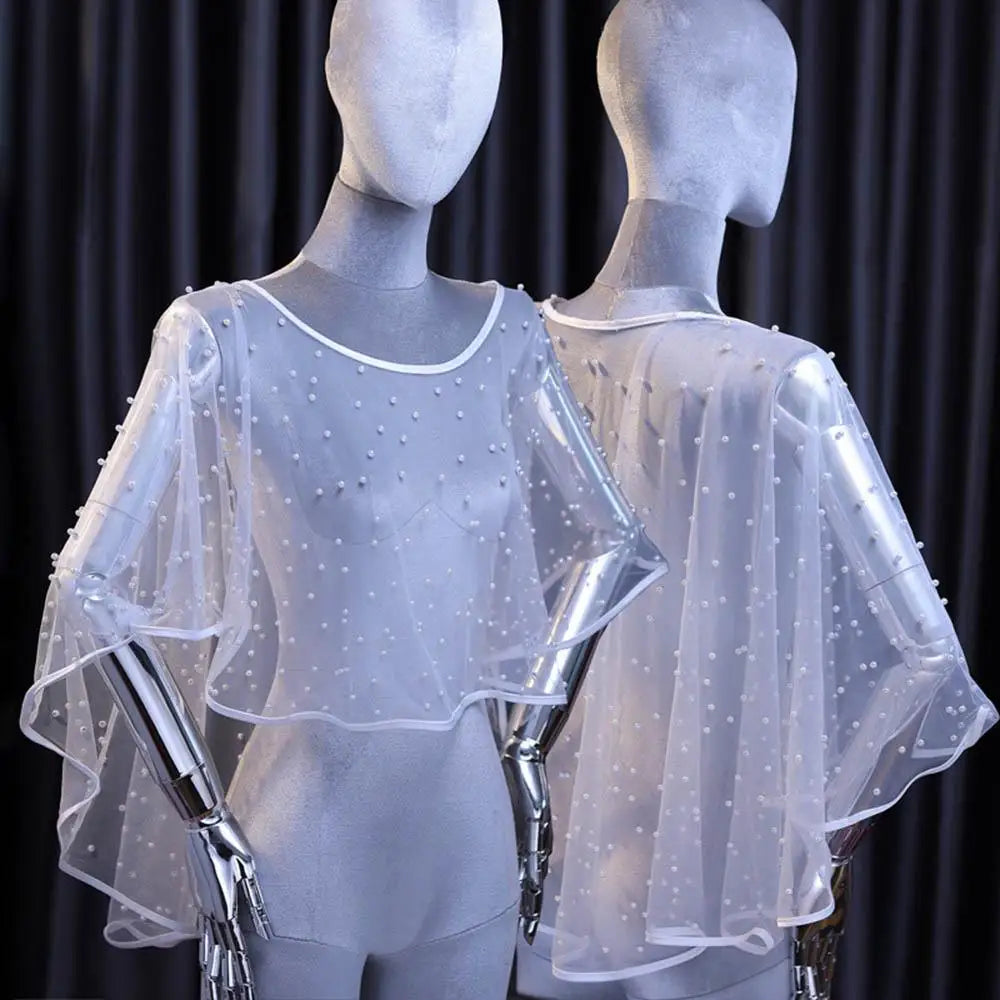 White Tulle Net Shawl For Bride Short Front Long Back See-Through Pearl Bead Wrap Short Sleeve With Plain Silk Edge Wedding Cape