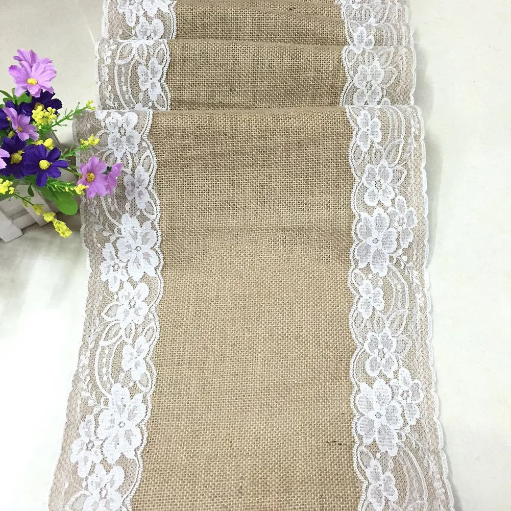 Vintage Burlap Jute Linen Table Runner Lace Cloth Dinning Room Table Gadget Home Decor Accessory New