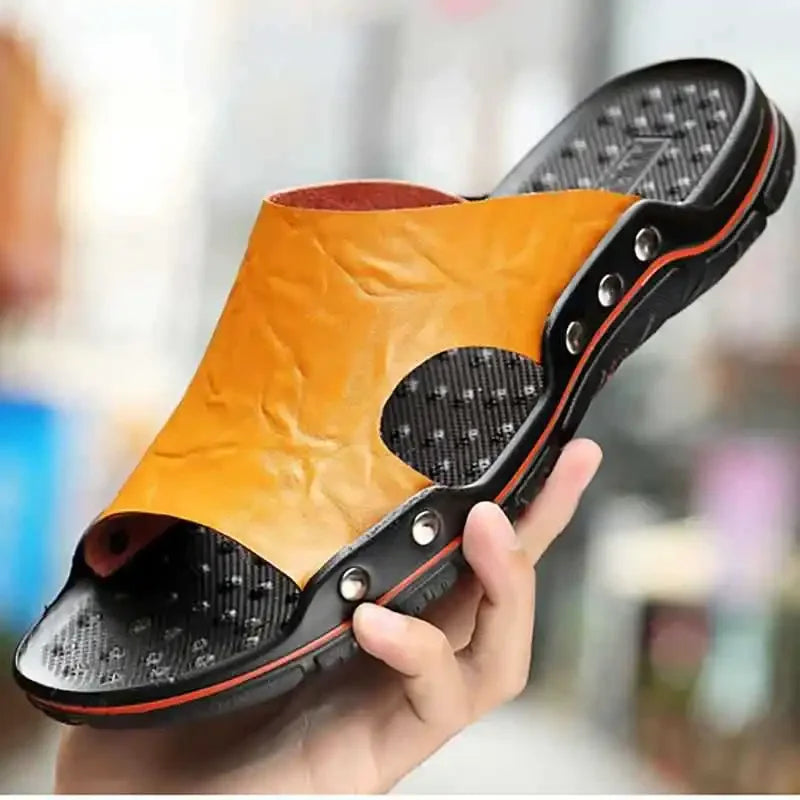 Sandals Men's Leather  Classic Summer Men Slippers Soft Original Sandals Real Leather Slippers Men Roman Outdoor Leather Slides