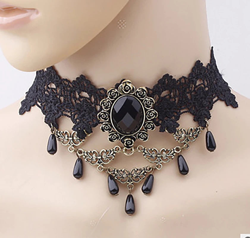 Rose Flower Red Black Stone Velvet Chokers for Women Lady Lace Bead Chains Sexy Necklace Girl Neck Jewelry Accessories Gifts 1PC