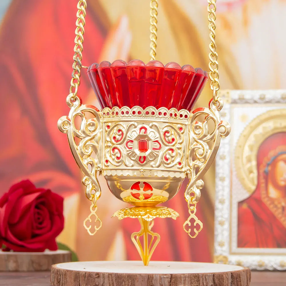 Antique Golden Gemstone Church Thurible Crimson Glass Bowl Vintage Ritual Artifact Meditation Burner, Collectible Altar Decor