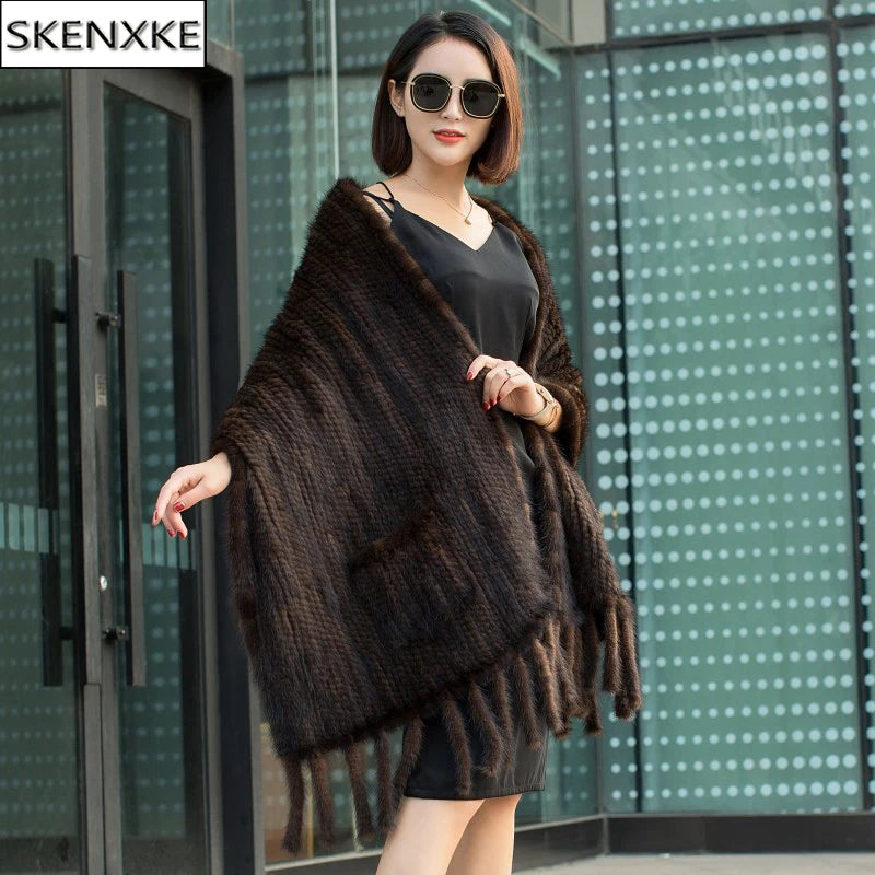 Long Style Women Knitted Real Mink Fur Pashmina Scarves Winter Real Natural Mink Fur Scarf Lady 100% Natural Real Mink Fur Shawl
