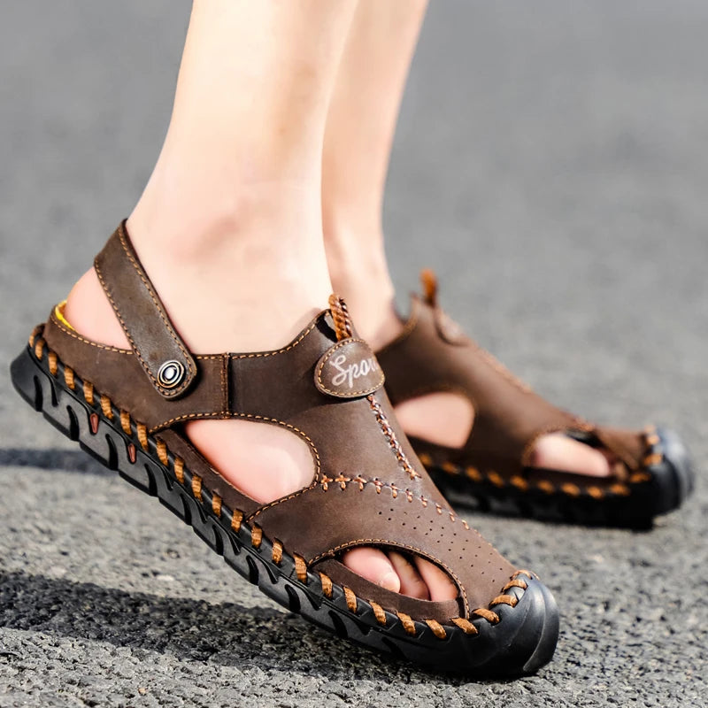 Summer Sandals Men Leather Classic Roman Sandals Comfort Slipper Outdoor Beach Rubber Flip Flops Men Water Trekking Sandals