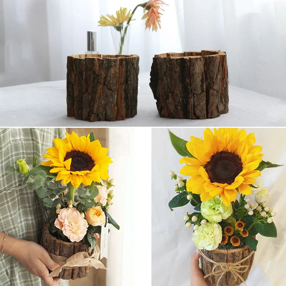 Wooden Plant Pot Vintage Round Table Decorative Style Wooden Flowerpot Fake Tree Bark Succulent Plants Creative Container