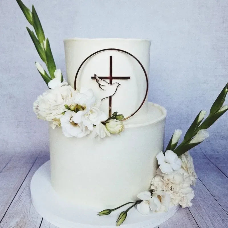 Cross Christ Jesus Birthday Cake Topper Gold Acrylic Dove Cross for Eucharist Baby Baptism Party Cake Toppers Dessert Decoration