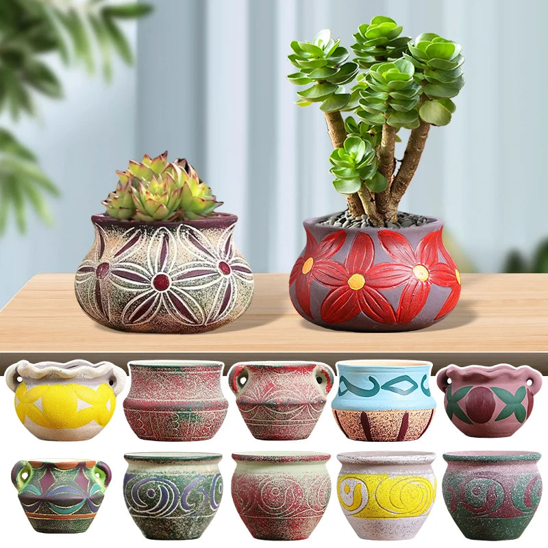 Mediterranean Style Flower Pot Retro Red Pottery Flower Pots Vintage Printed Creative Ceramic Succulent Planters Indoor Outdoor