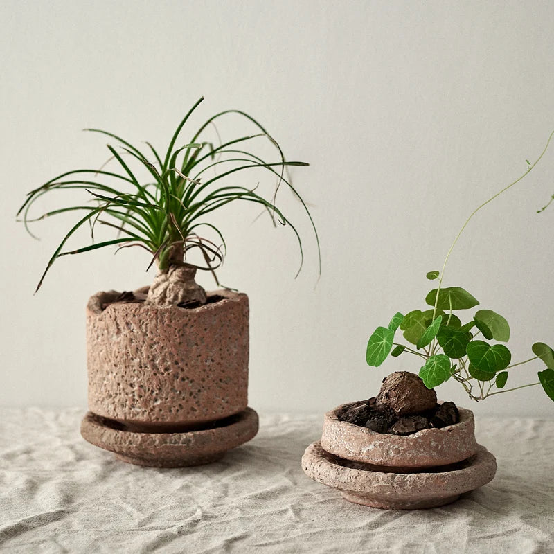 Home handmade clay pot retro hammer pattern desktop green plant small pot with tray ceramic red pottery pot