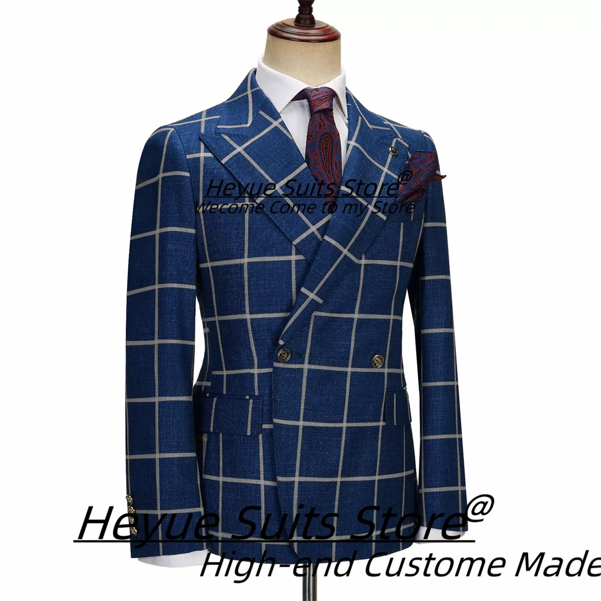 Business Navy Blue Plaid Men Suits Slim Double Breasted Peak Lapel Groom Tuxedos 2 Pcs Sets Office Work Male Blazers Ropa Hombre