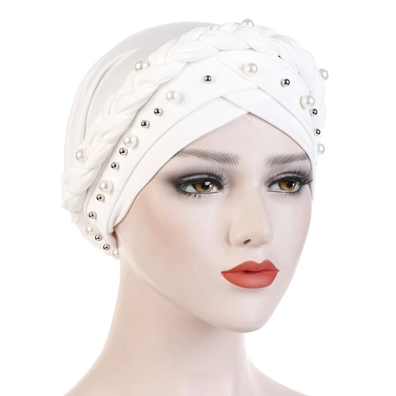 Braid Cross Forehead Women Hijabs with Faux Pearl Decor Solid Color Muslim Female Head Scarf Elegant Turban for Women Elastic