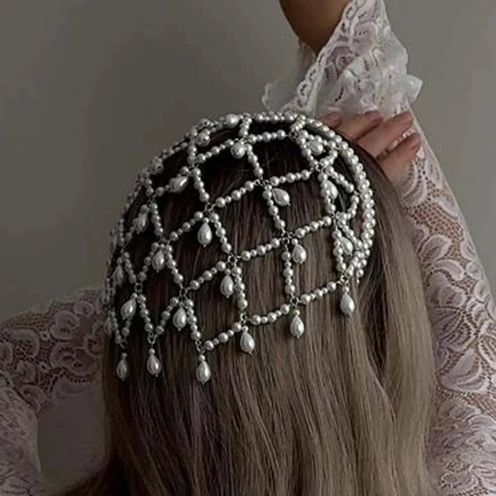 Bohemian Pearl Headband for Women Vintage Hair Accessories with Mesh Cap and Headwear Girls Retro Wedding Jewelry Charming