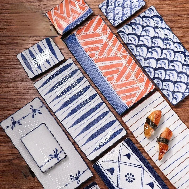 Plate Japanese Ceramic Tableware High Temperature Underglaze Color Hand-painted Tableware New Chinese Creative Rectangular