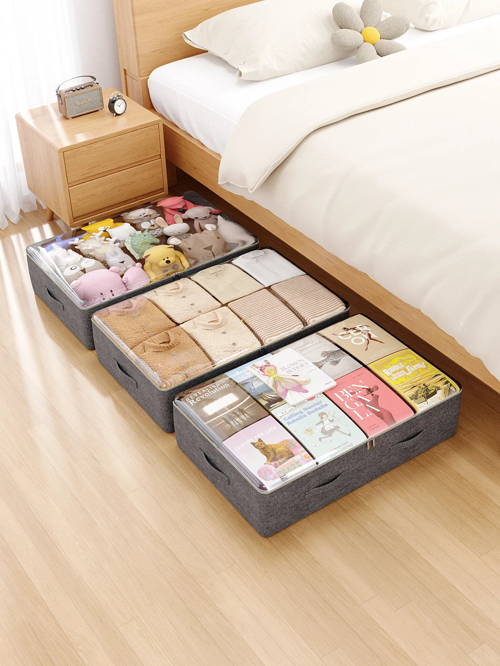 Large comforter handling under-bed storage bags are suitable for packing travel camping college dormitories and laundry