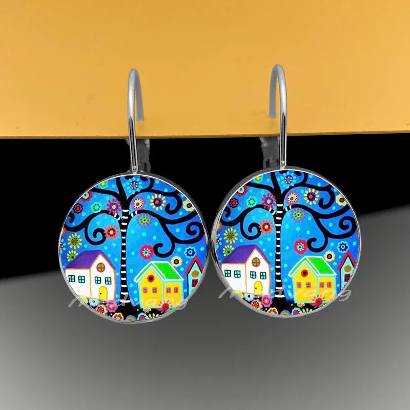 2024 Natural Scenery Earrings beautiful village Women Stud Earring  Abstract Oil Painting House Glass Cabochon Earrings  jewelry