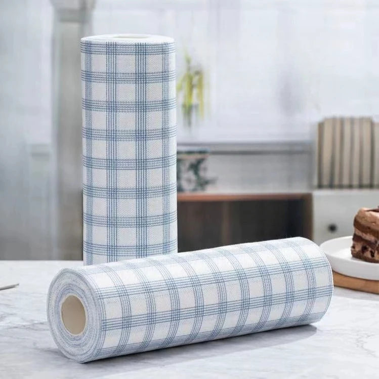 1 Roll of Multi-purpose Blue Checkered Lazy Cloth - Wet and Dry, Highly Absorbent Kitchen Cleaning Cloth