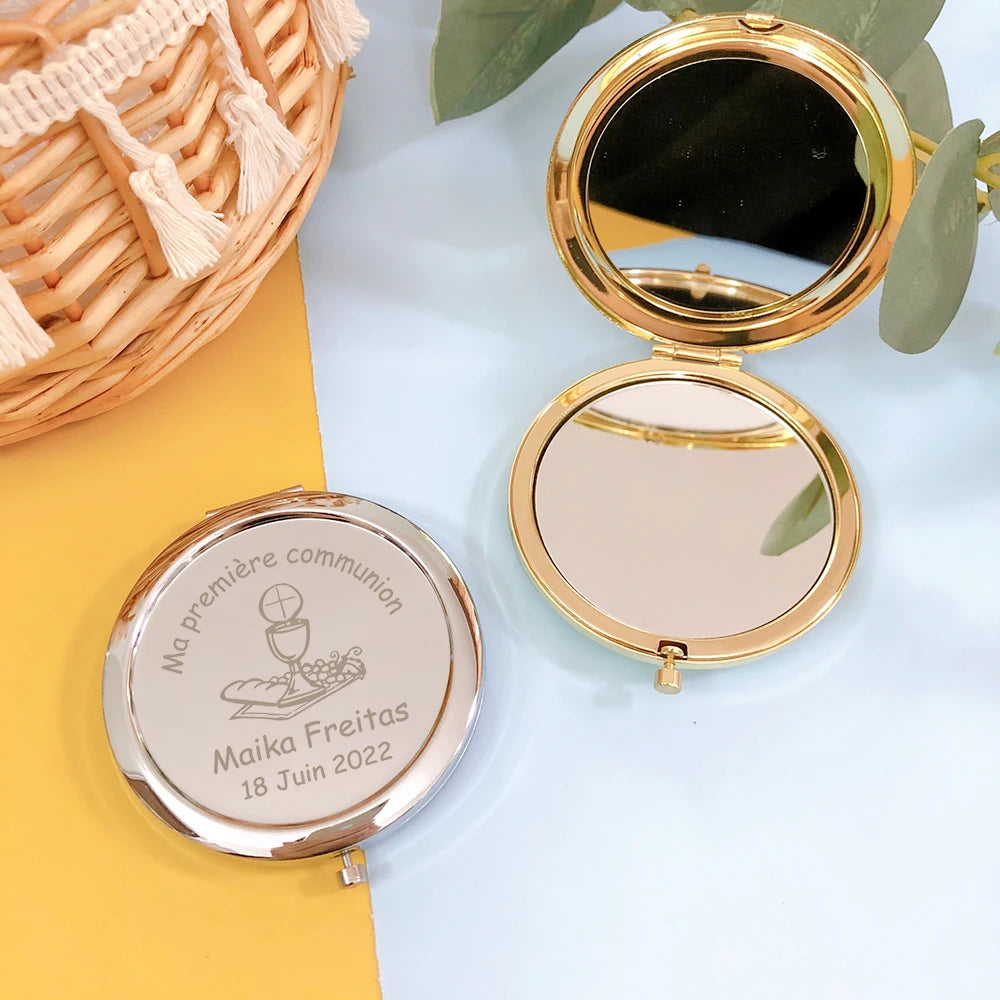 First Communion Party Favors Personalized Communion Gifts for Guests Custom Engraved Metal Compact Mirrors Silver / Gold