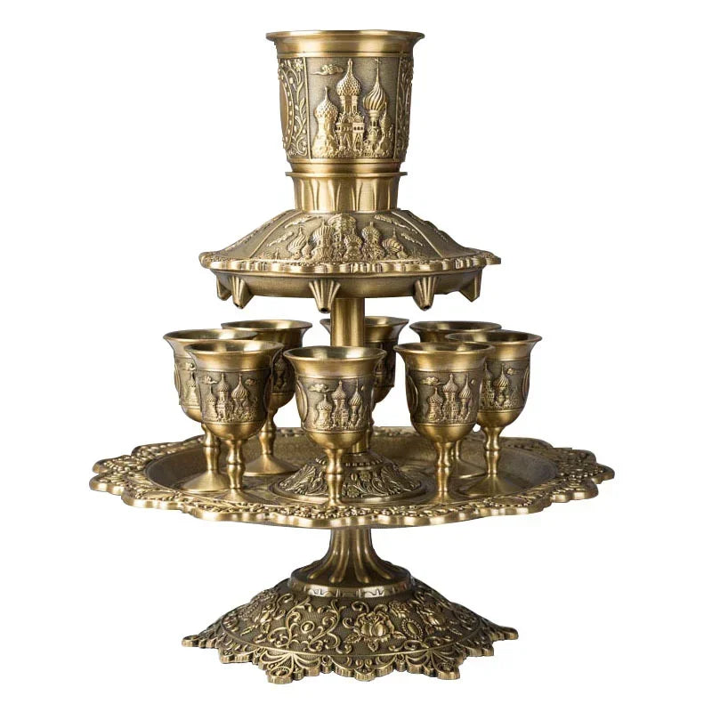 Kiddush Cup & Fountain, Dinner Gathering Wine Pouring Pot Dispenser, Wine Glass Holder Gift Set Copper Alloy