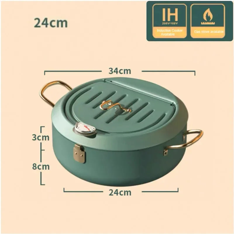 304 Stainless Steel Oil Pan Japanese Deep Frying Pot with a Thermometer and a Lid Kitchen Tempura French Fries Oil Fried Pan