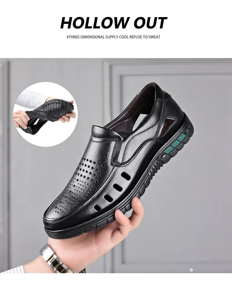 Men's genuine leather sandals perforated shoes casual breathable wear-resistant anti slip cool trend business men's shoes