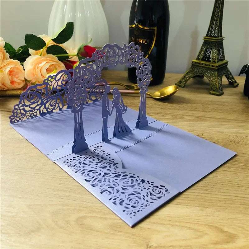3D Bride And Groom Rose Gold Pop up Wedding invitations laser cut Greeting cards envelope Rsvp Navy blue White Pink
