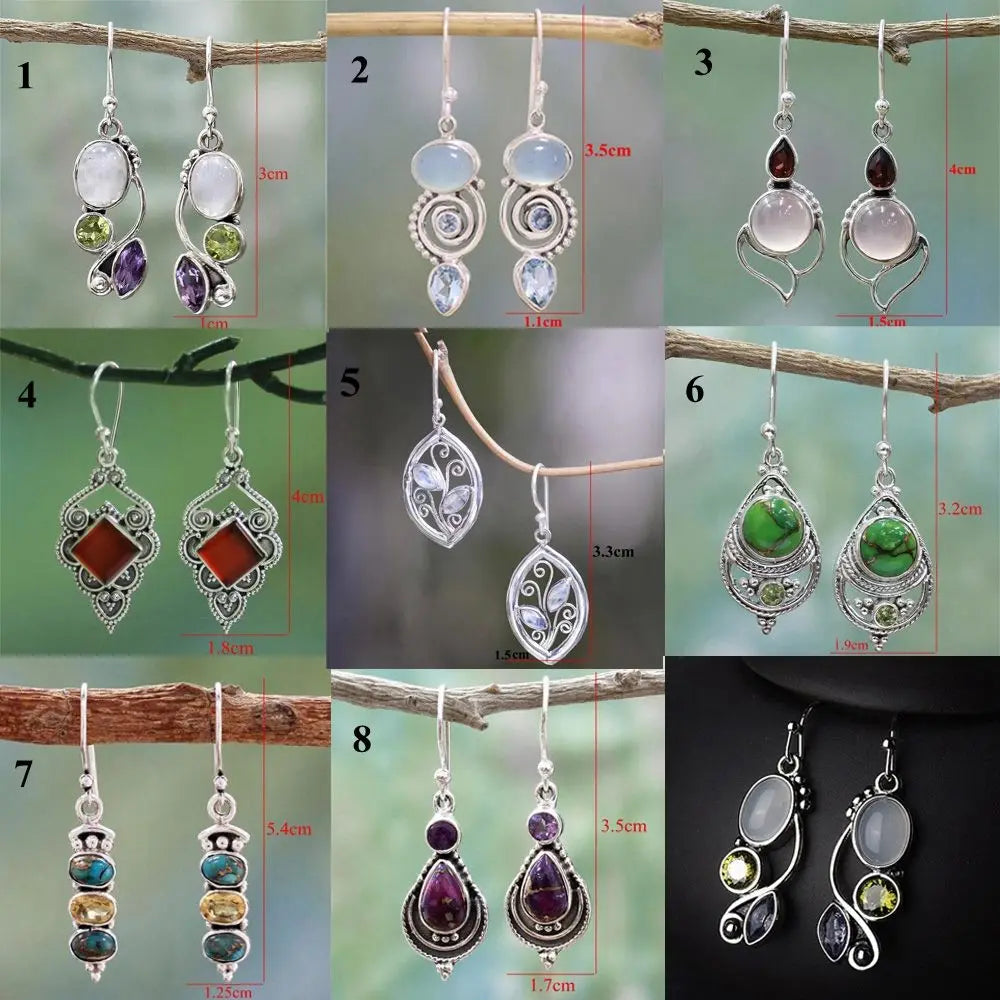 Vintage Women Natural Charm Multi-Gemstone Rainbow Moonstone Peridot Amethyst Turquoise Pendant Earrings Dangle Earrings Jewelry