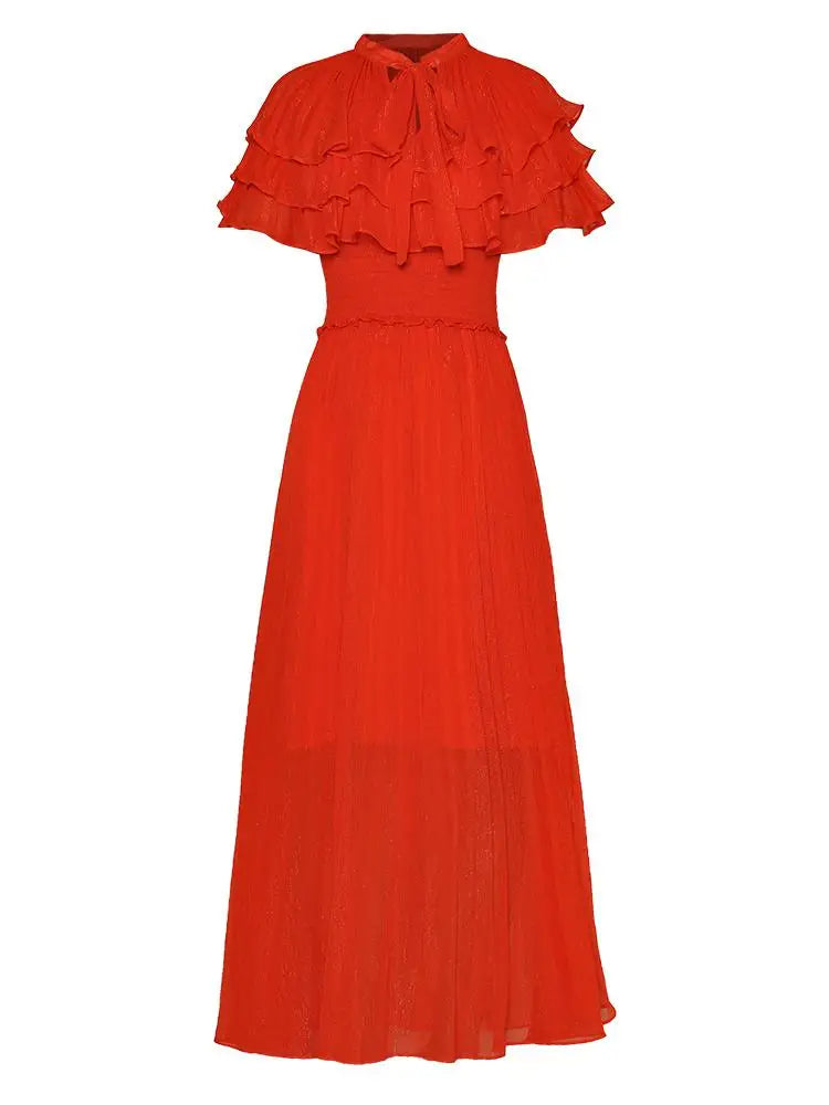 Lace Up Tie Collar Lady Dress 2025 Summer Cloak Stretch Waist Pleated Elegant Large Hem Shiny Women's Long Chiffon Dresses