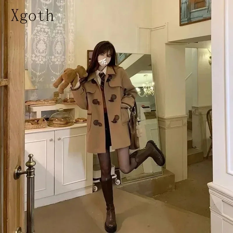 Ladies Coats Thickened Turndown Collar Single Row Cow Horn Button Midlength College Style Reduced Age Woolen Coat Women Clothing
