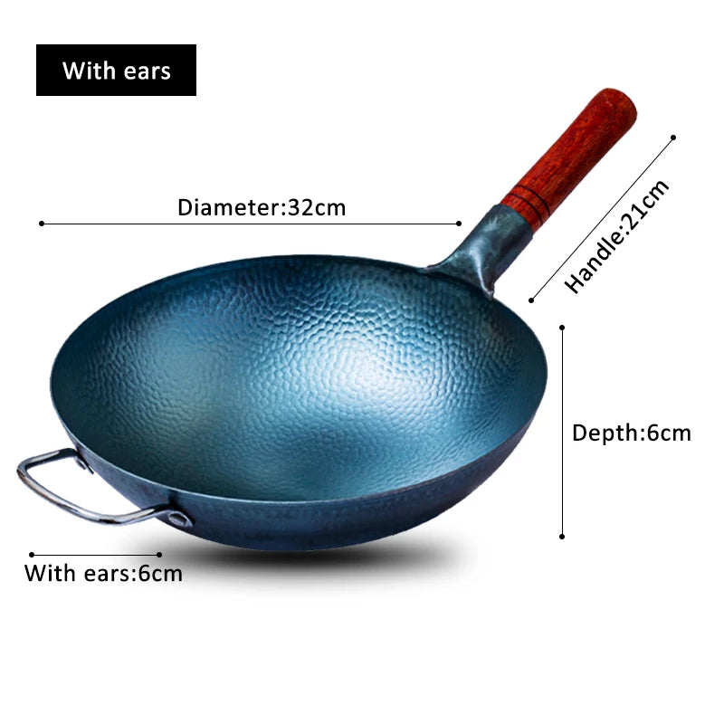 Hammered Cast Iron Wok,Carbon Steel Round Bottom Wok ,Blue Kitchen Cookware,Beech Handle Uncoated Non-stick Pan for Gas Stoves