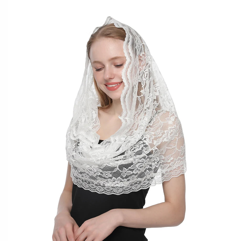 Fashion Church Shawl Lace Veil Polyester Scarf Bandana Church Prayer Wedding Mantilla Chapel White Embroidered Hijab Women Scarf