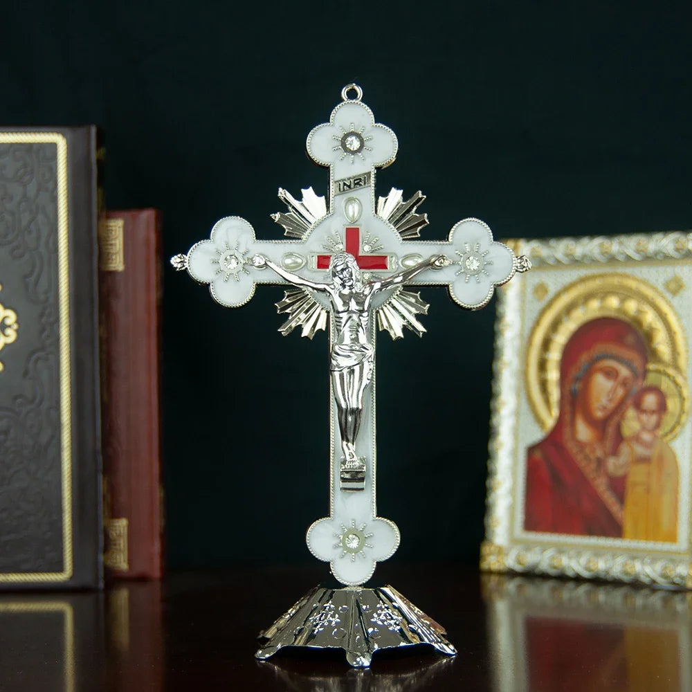 Religious Vintage Catholic Jesus Cross with Stand - Standing Crucifix for Home Decor